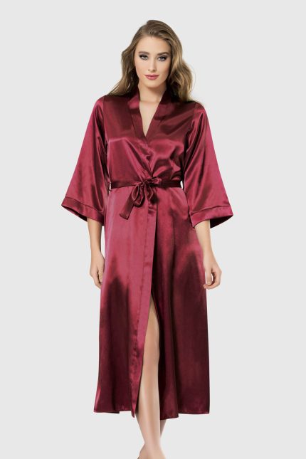 Halat lung din satin bordo , elegant și rafinat, cu cordon în talie și mâneci trei sferturi