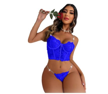 Set lenjerie erotică albastru intens – corset cu broderie florală și chiloți tanga senzuali